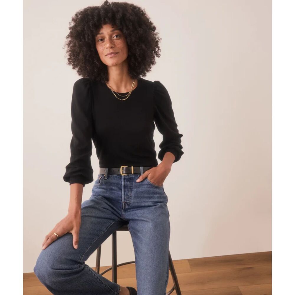 Marine Layer Lexi Rib Puff Sleeve Top in Black